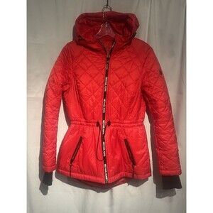 Michael Kors Red Quilted Fitted Hooded Puffer Jacket Coat Womens M Cozy Casual